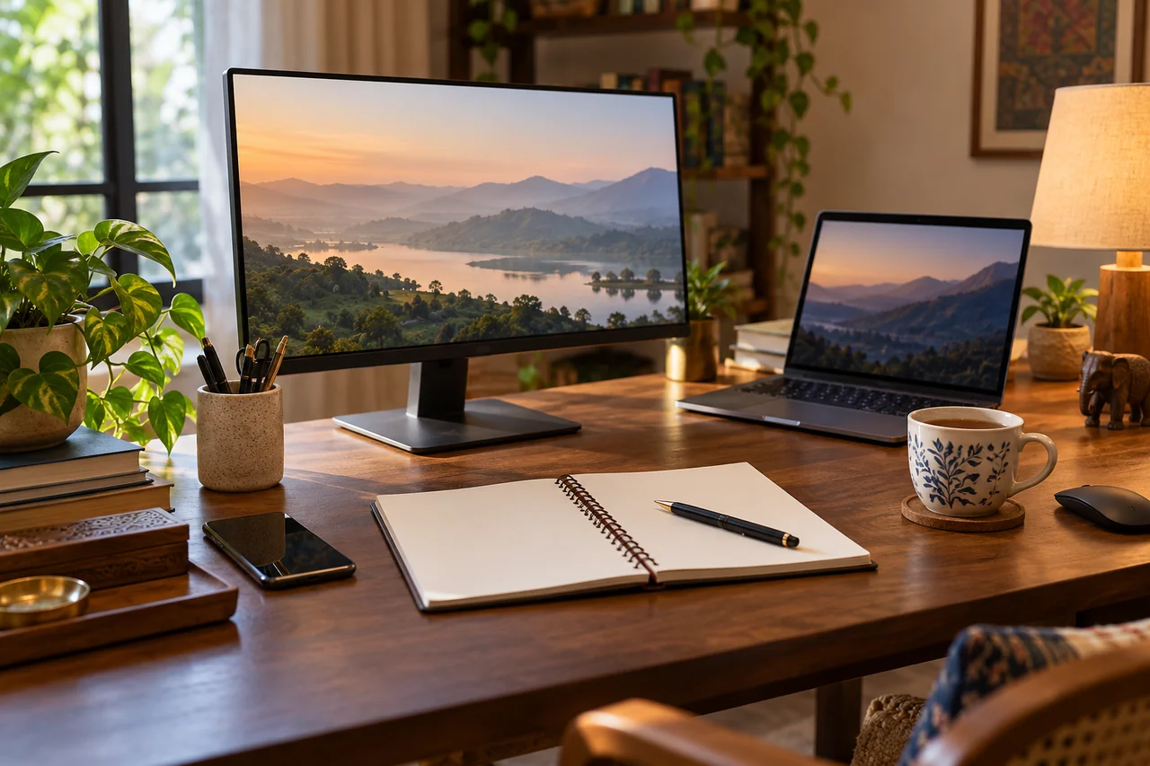Posto de trabalho com computador e apontamentos de estudo
